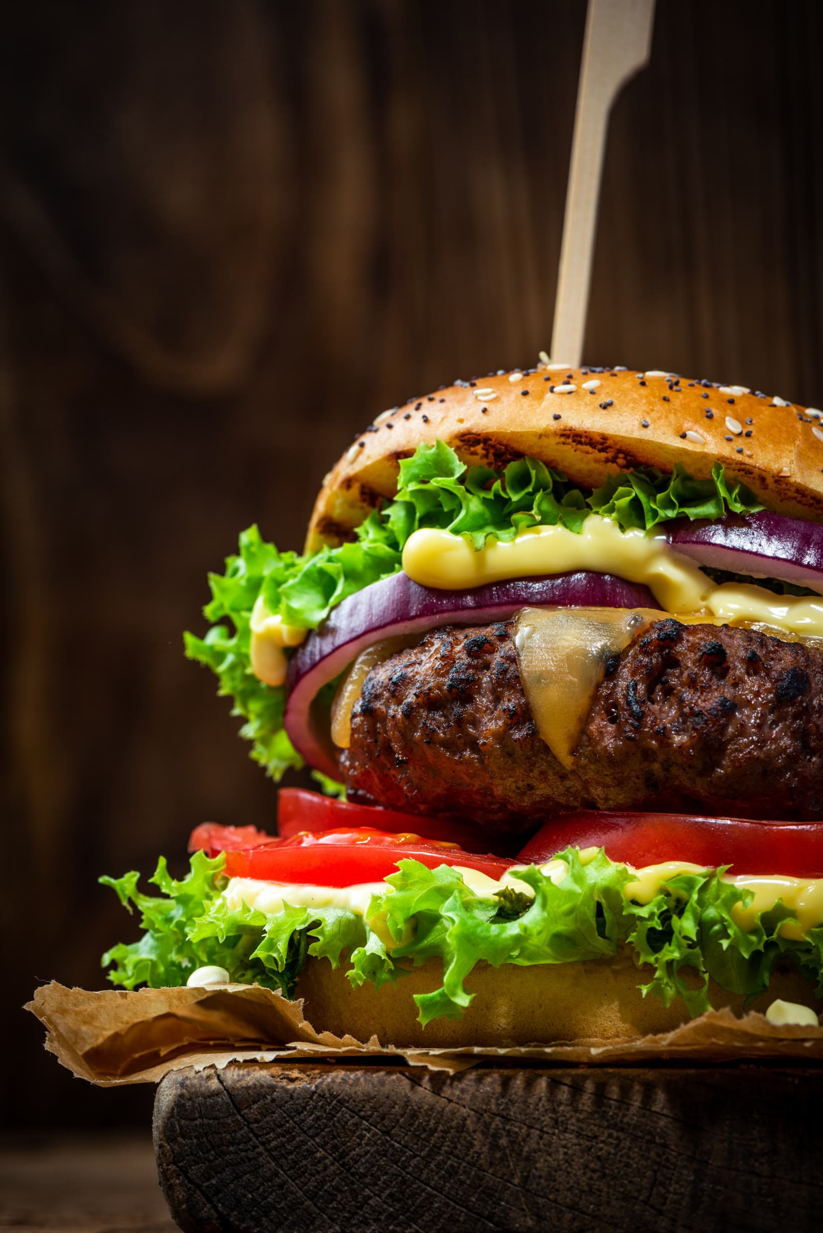 Burger on a wooden board